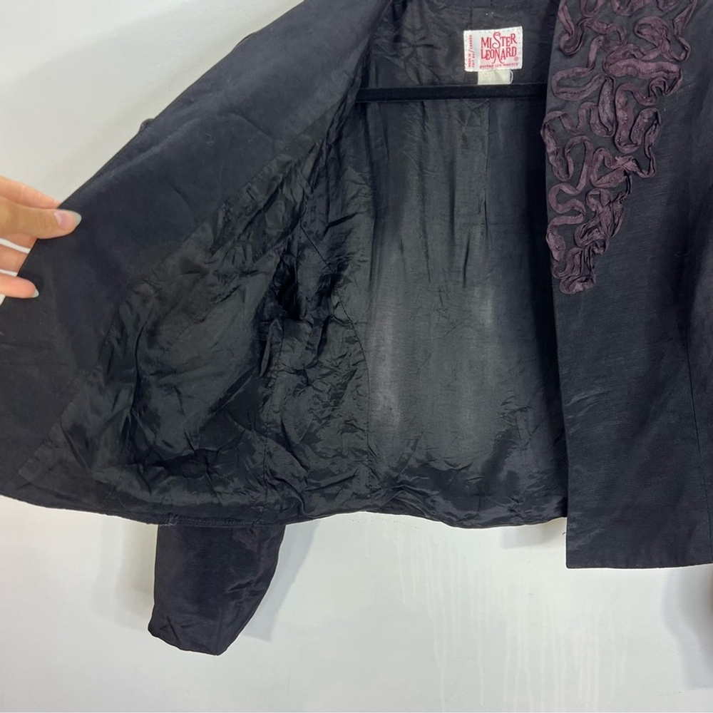 Vintage 80s Mister Leonard black applique cropped open front jacket blazer M - Picture 10 of 13